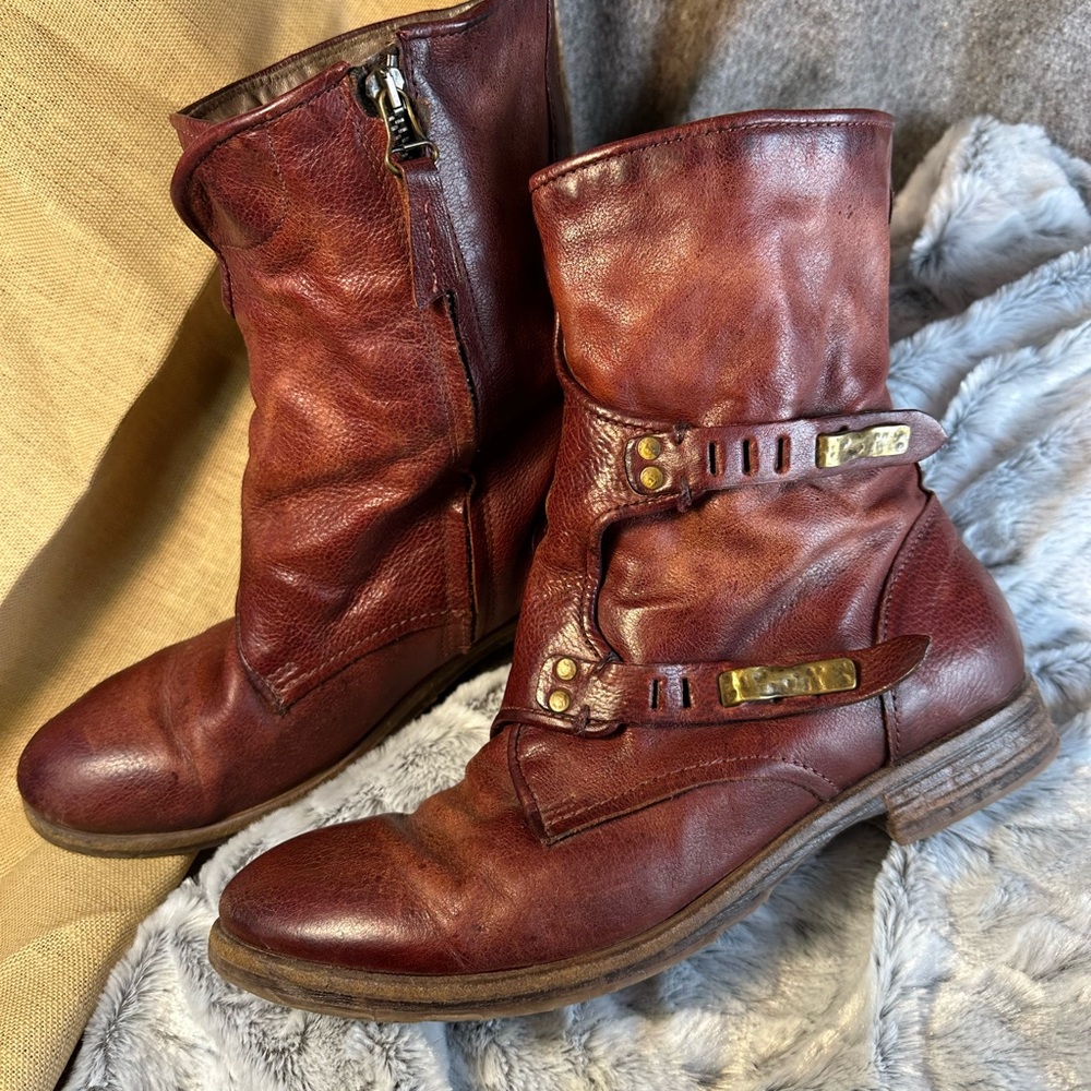 A.S.98 Women's Leather Boot in Distressed Burgundy, gold hardware. EU 41 $275